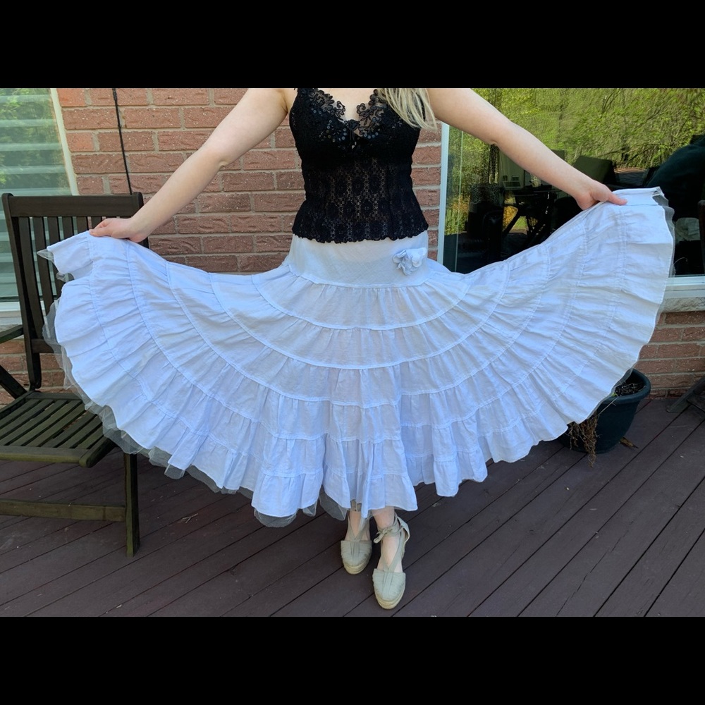 Blue Linen Skirt with circular Tiered Ruffles US M